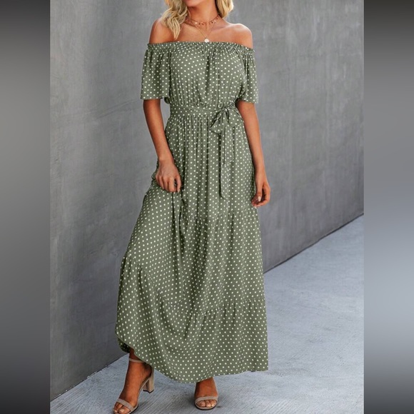 Boho polka dot off shoulder belted maxi dress - Picture 3 of 16